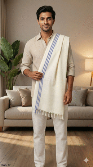 Elegant Cream & Blue Striped Cotton Angvastra | Premium Traditional Shawl