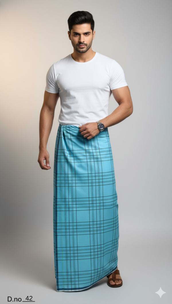 Men's Vibrant Polyester Lungi - Aqua Blue with Dark Grid Check (2.25 Meters) - D.no. 42