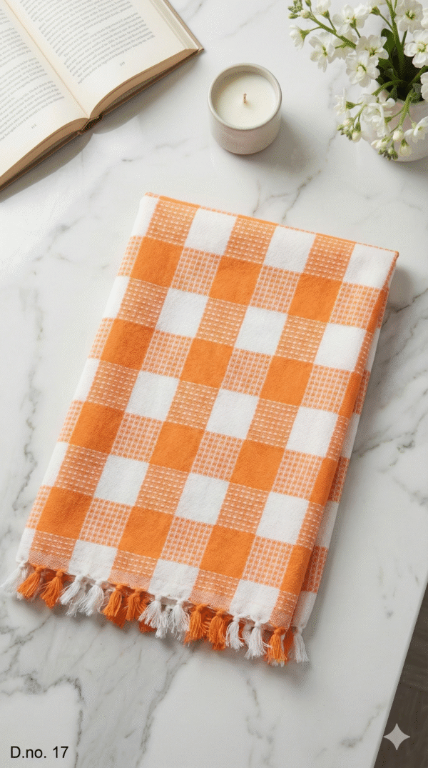 Sunny Orange & White Checkered Cotton Gamcha | Traditional Angvastra with Tassels