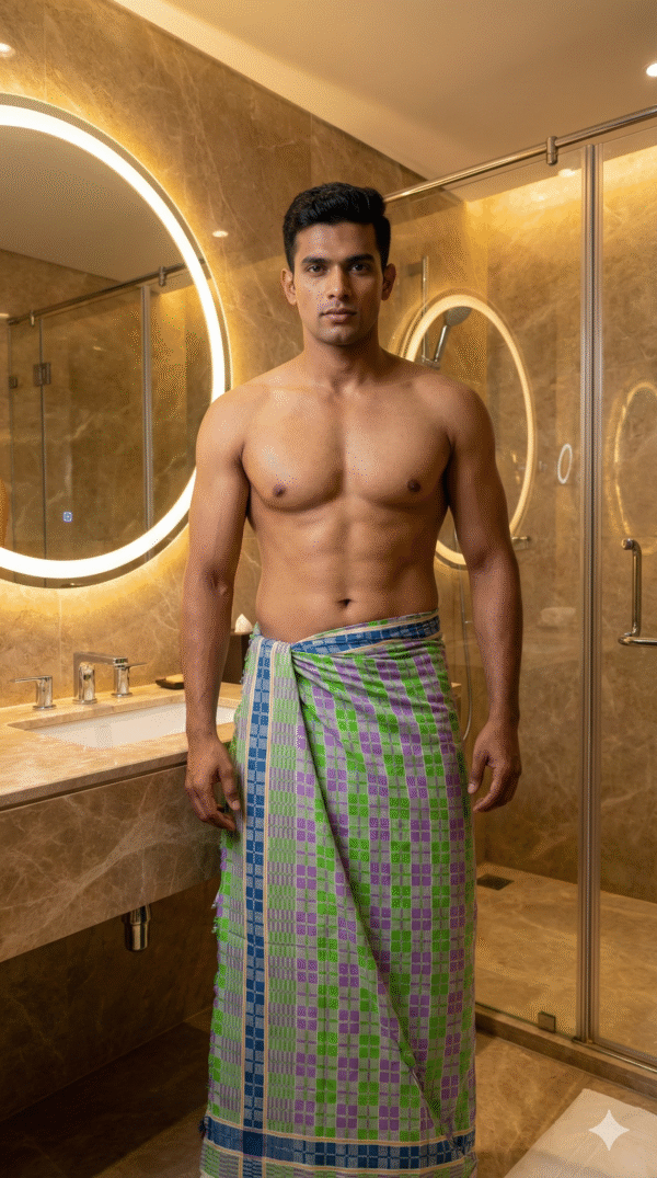 Gemini_Generated_Image_3cajx53cajx53caj Premium Cotton Lungi for Men - Green & Purple Checkered Design | Soft & Breathable Traditional Wear