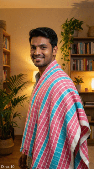 Gemini_Generated_Image_3o50pv3o50pv3o50 Traditional Pink & Cyan Striped Cotton Gamcha | Soft Multi-Purpose Towel with Tassels