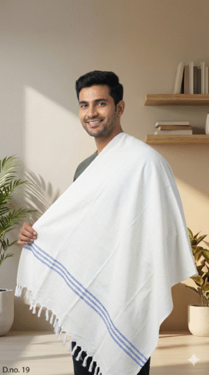Pure White Cotton Bath Towel with Intricate Blue Border | Minimalist Soft Gamcha