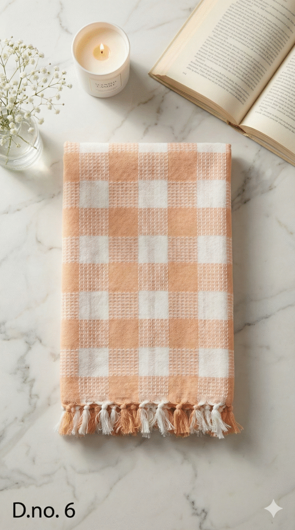 Gemini_Generated_Image_4xqv4q4xqv4q4xqv Soft Peach & White Checkered Cotton Towel | Premium Bath Gamcha with Side Tassels