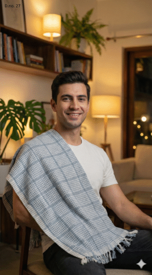 Elegant Greyish-Blue & White Checkered Cotton Towel | Premium Angvastra with Tassels