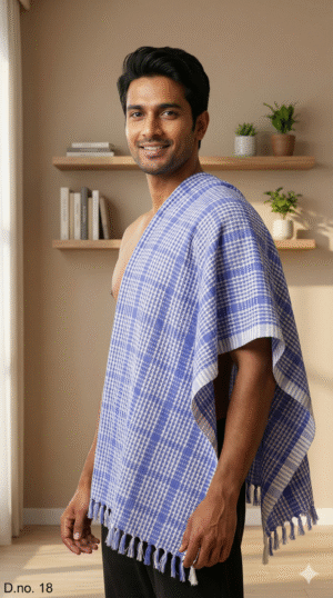 Classic Blue & White Checkered Cotton Gamcha | Soft Traditional Angvastra with Tassels