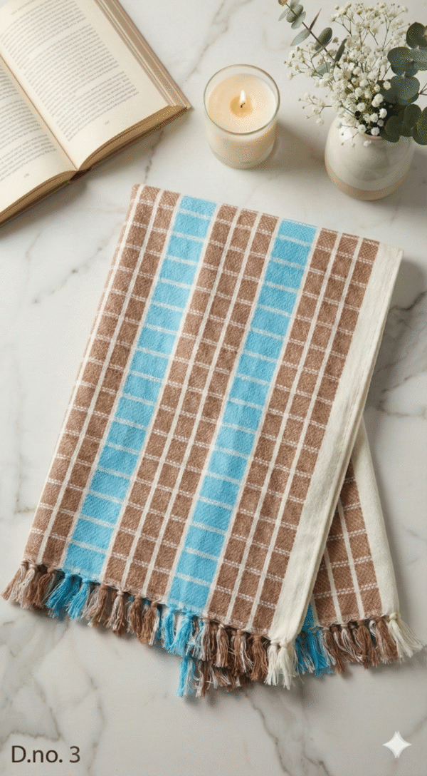 Premium Cotton Bath Towel - Blue & Brown Checkered Design | Soft Large Gamcha with Tassels