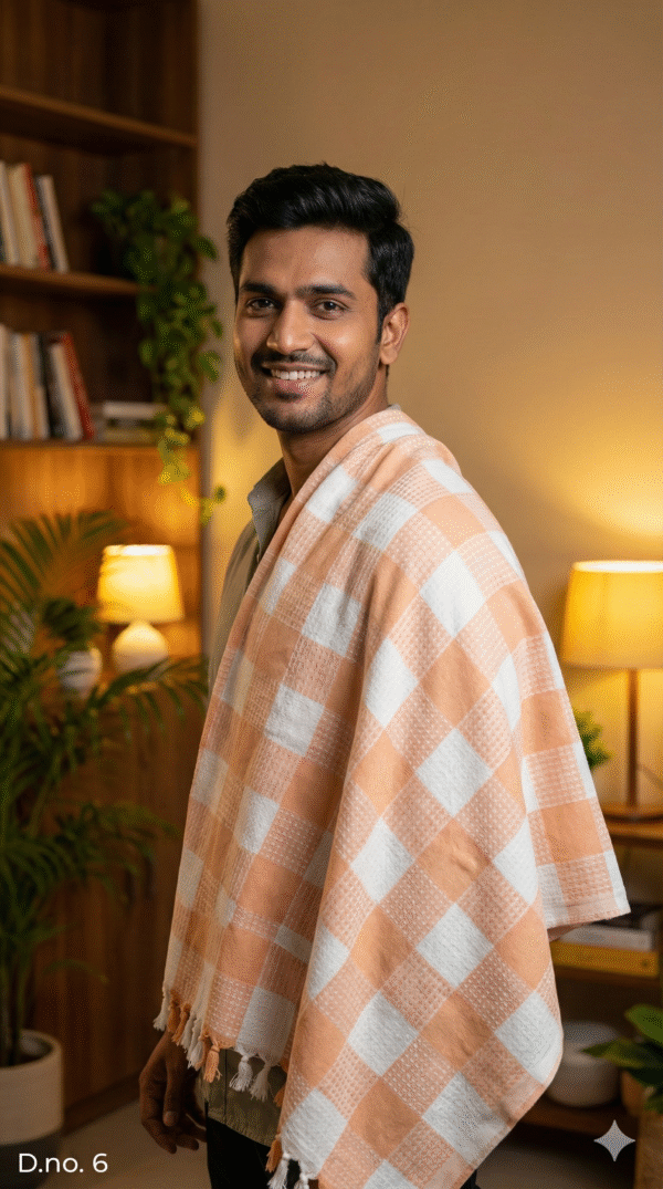 Gemini_Generated_Image_b72z4kb72z4kb72z Soft Peach & White Checkered Cotton Towel | Premium Bath Gamcha with Side Tassels