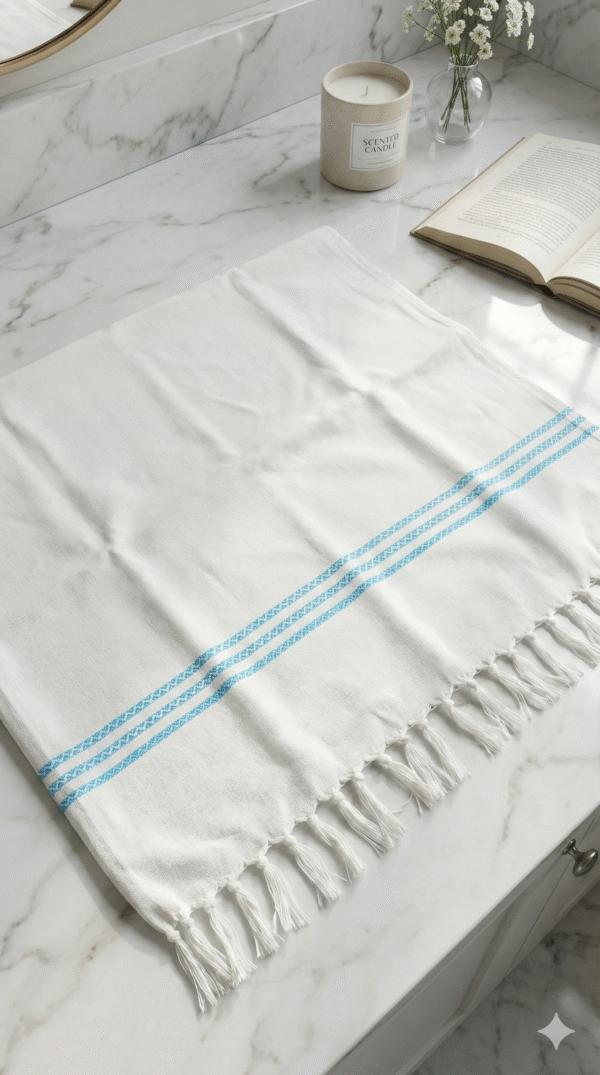 Premium White Cotton Bath Towel with Blue Stripes | Soft & Quick Dry Gamcha for Men