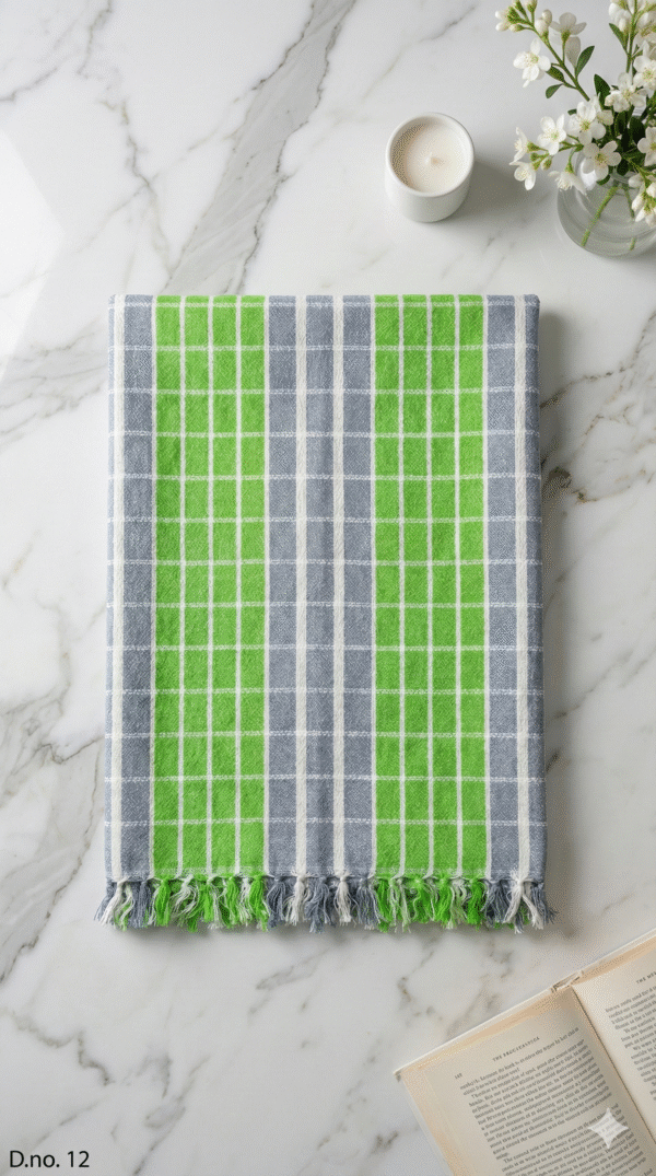 Fresh Green & Grey Checkered Cotton Gamcha | Soft Daily Wear Towel with Tassels