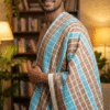 Premium Cotton Bath Towel - Blue & Brown Checkered Design | Soft Large Gamcha with Tassels