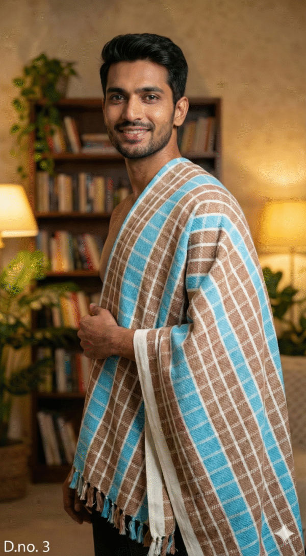 Premium Cotton Bath Towel - Blue & Brown Checkered Design | Soft Large Gamcha with Tassels