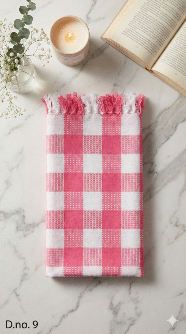 Vibrant Pink & White Checkered Cotton Towel | Soft Bath Gamcha with Side Tassels