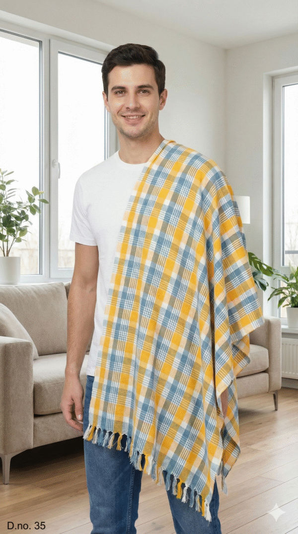 Sunny Yellow & Steel Blue Checkered Cotton Angvastra | Soft Traditional Gamcha