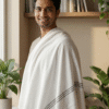 Elegant White Cotton Angvastra with Black Woven Border | Traditional Mens Shawl