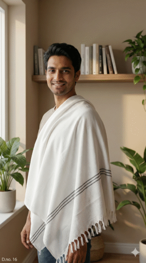 Elegant White Cotton Angvastra with Black Woven Border | Traditional Mens Shawl