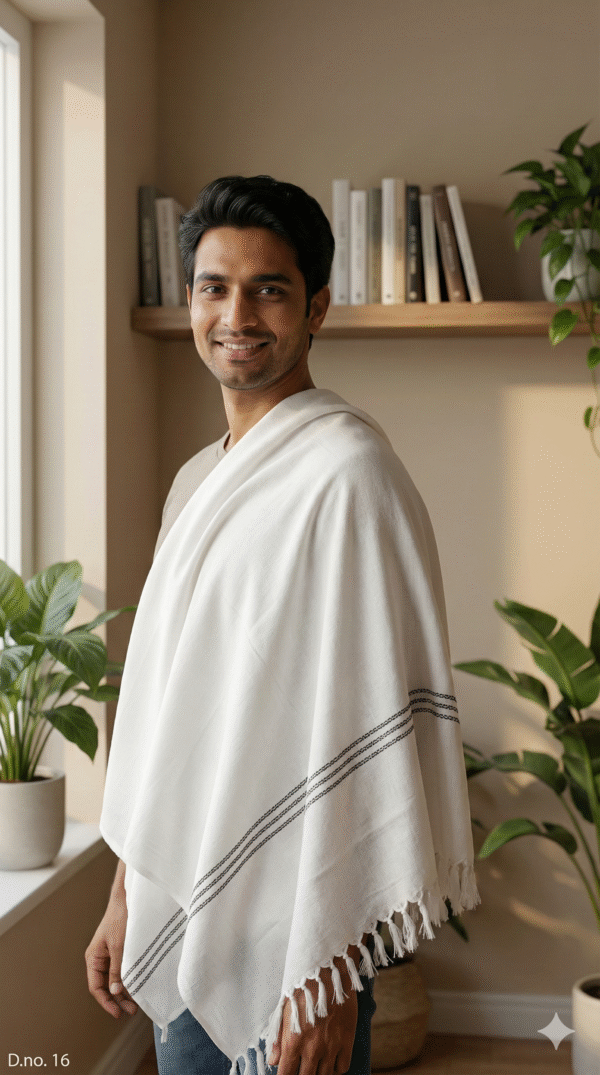 Elegant White Cotton Angvastra with Black Woven Border | Traditional Mens Shawl