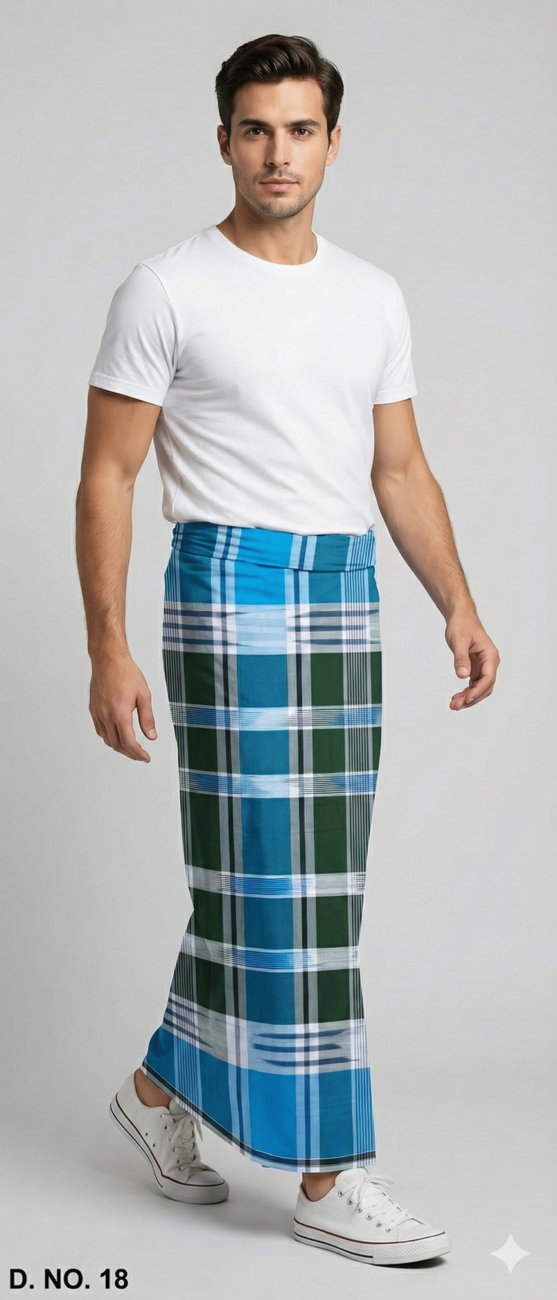 Men's Vibrant Plaid Lungi - Green & Blue Check Design (D.no. 18)
