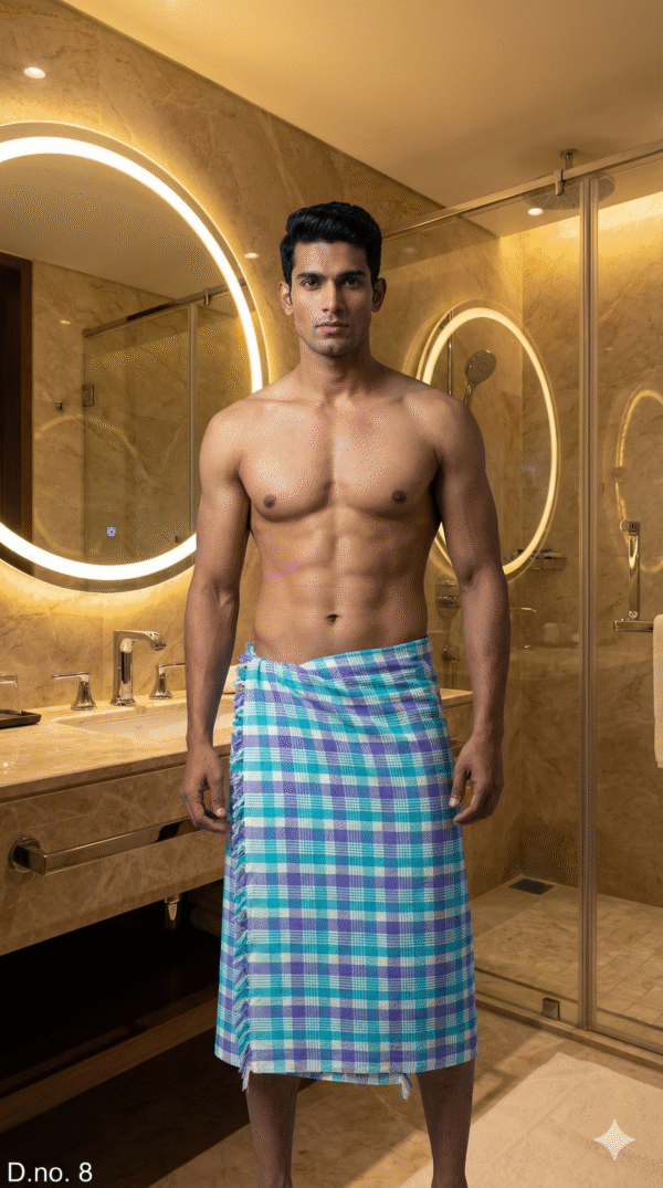 Cool Blue & Purple Checkered Cotton Towel | Trendy Bath Gamcha with Side Fringes