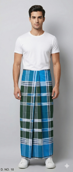 Men's Vibrant Plaid Lungi - Green & Blue Check Design (D.no. 18)