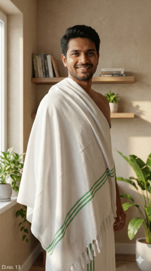 Pure White Cotton Angvastra with Green Woven Border | Traditional Pooja Gamcha