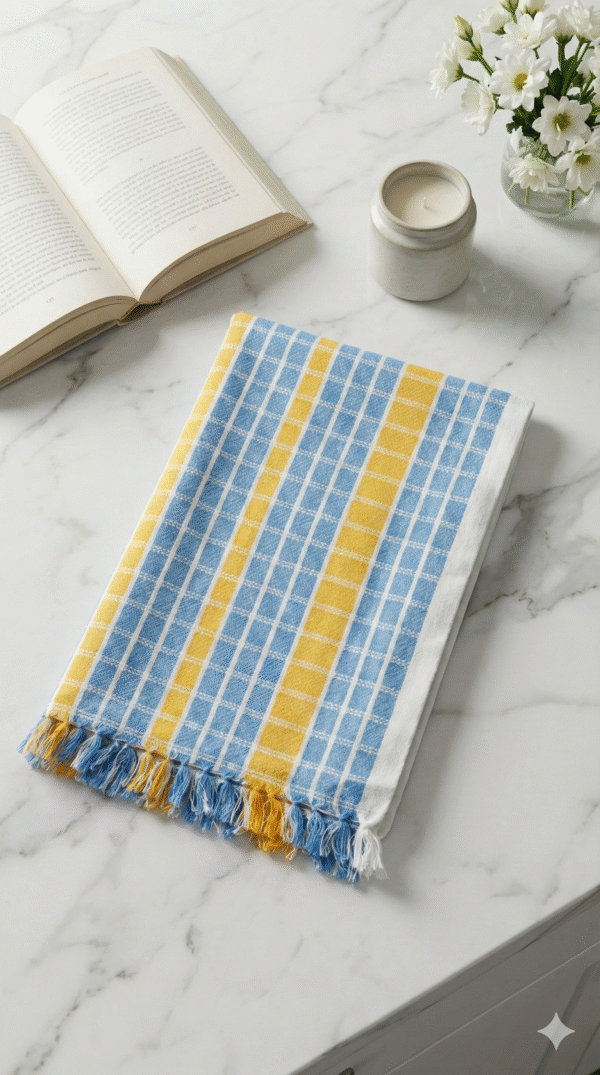 Bright Blue & Yellow Checkered Cotton Lungi | Soft Bath Towel with Tassels