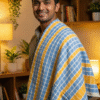 Bright Blue & Yellow Checkered Cotton Lungi | Soft Bath Towel with Tassels