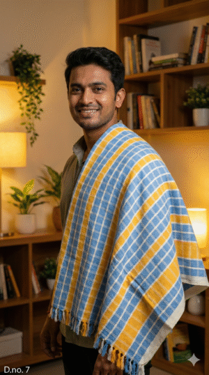 Bright Blue & Yellow Checkered Cotton Lungi | Soft Bath Towel with Tassels