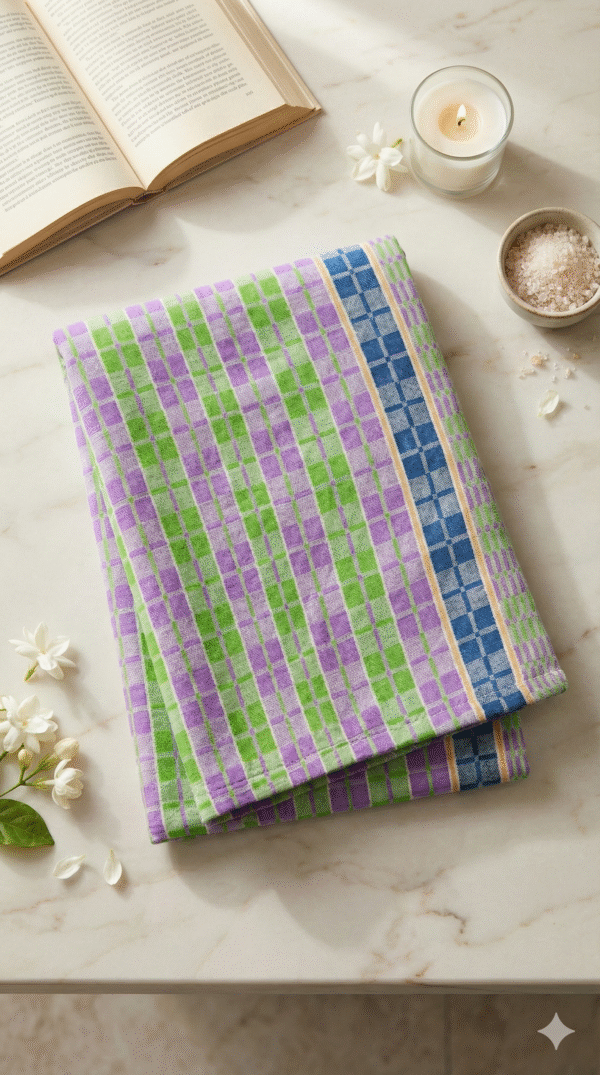 Gemini_Generated_Image_ljikmlljikmlljik Premium Cotton Lungi for Men - Green & Purple Checkered Design | Soft & Breathable Traditional Wear