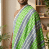 Fresh Green & Grey Checkered Cotton Gamcha | Soft Daily Wear Towel with Tassels