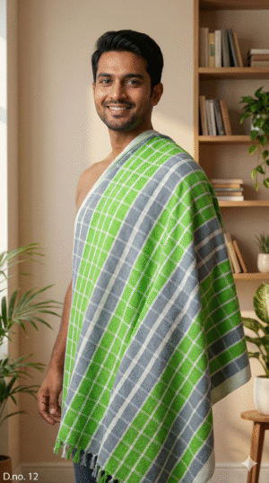 Fresh Green & Grey Checkered Cotton Gamcha | Soft Daily Wear Towel with Tassels