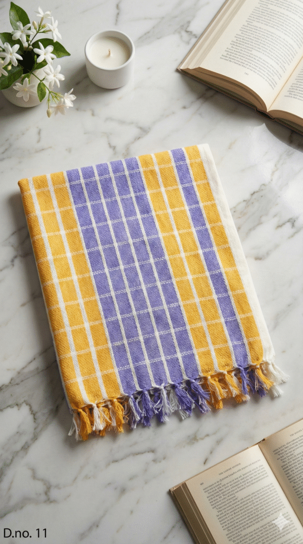 Traditional Yellow & Purple Checkered Cotton Gamcha | Soft Angvastra with Tassels