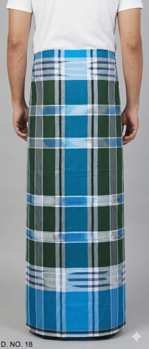 Men's Vibrant Plaid Lungi - Green & Blue Check Design (D.no. 18)