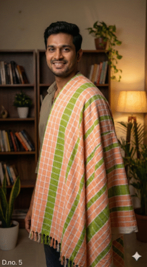 Premium Cotton Bath Towel - Orange & Green Checkered Design | Soft Gamcha with Tassels