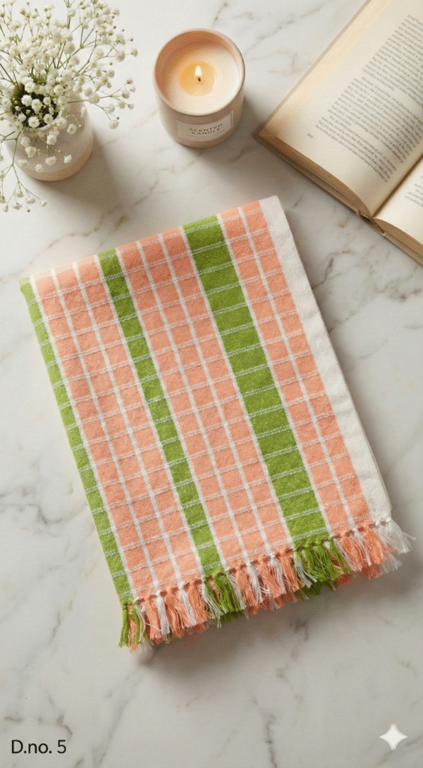 Premium Cotton Bath Towel - Orange & Green Checkered Design | Soft Gamcha with Tassels