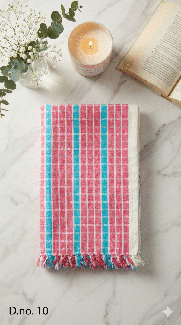 Traditional Pink & Cyan Striped Cotton Gamcha | Soft Multi-Purpose Towel with Tassels