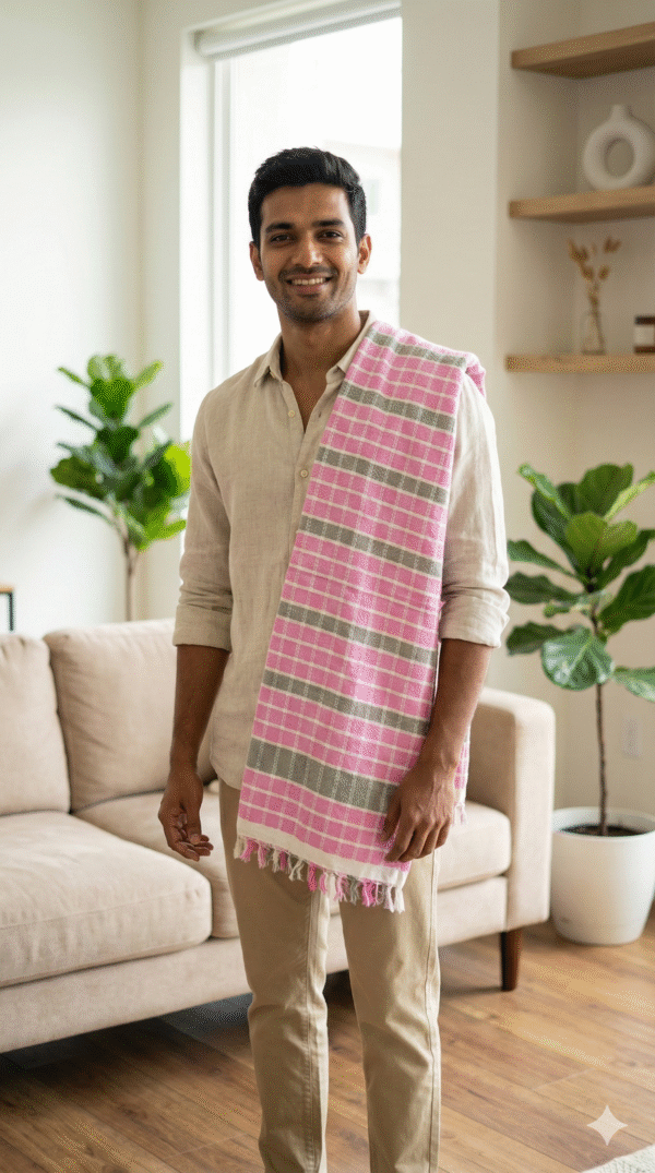 Modern Pink & Grey Checkered Cotton Angvastra | Soft Traditional Gamcha