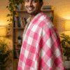 Vibrant Pink & White Checkered Cotton Towel | Soft Bath Gamcha with Side Tassels