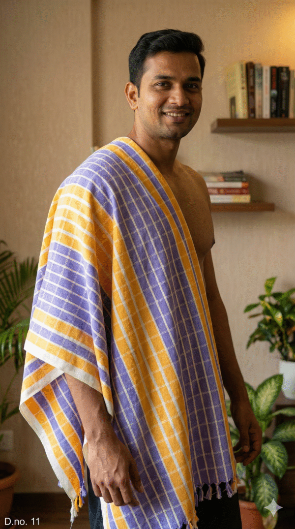 Traditional Yellow & Purple Checkered Cotton Gamcha | Soft Angvastra with Tassels