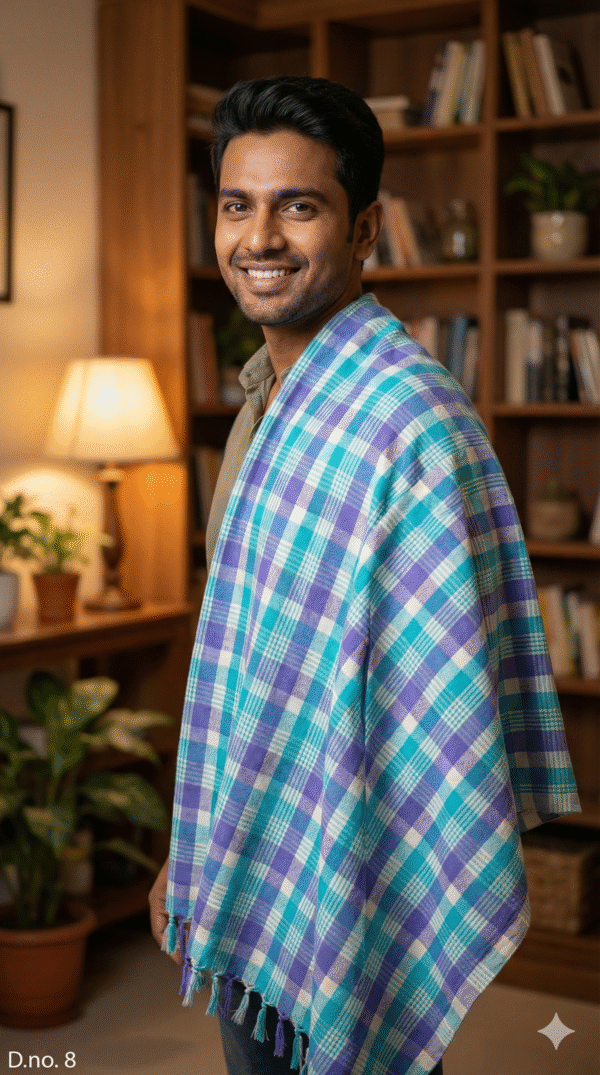 Cool Blue & Purple Checkered Cotton Towel | Trendy Bath Gamcha with Side Fringes