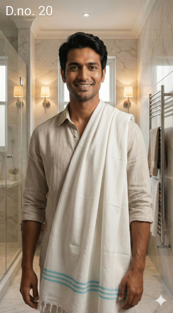 Premium White Cotton Bath Towel with Blue Stripes | Soft & Quick Dry Gamcha for Men