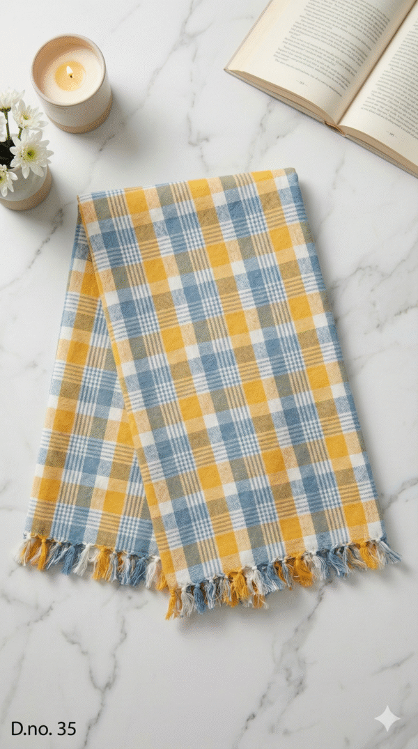 Sunny Yellow & Steel Blue Checkered Cotton Angvastra | Soft Traditional Gamcha
