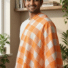 Sunny Orange & White Checkered Cotton Gamcha | Traditional Angvastra with Tassels