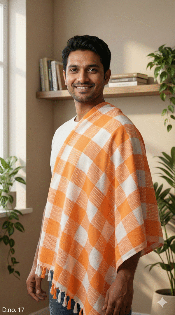 Sunny Orange & White Checkered Cotton Gamcha | Traditional Angvastra with Tassels