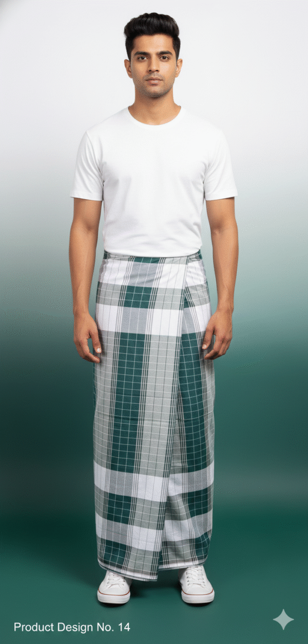 Men's Classic Plaid Lungi - High-Contrast Green, Grey & White Check