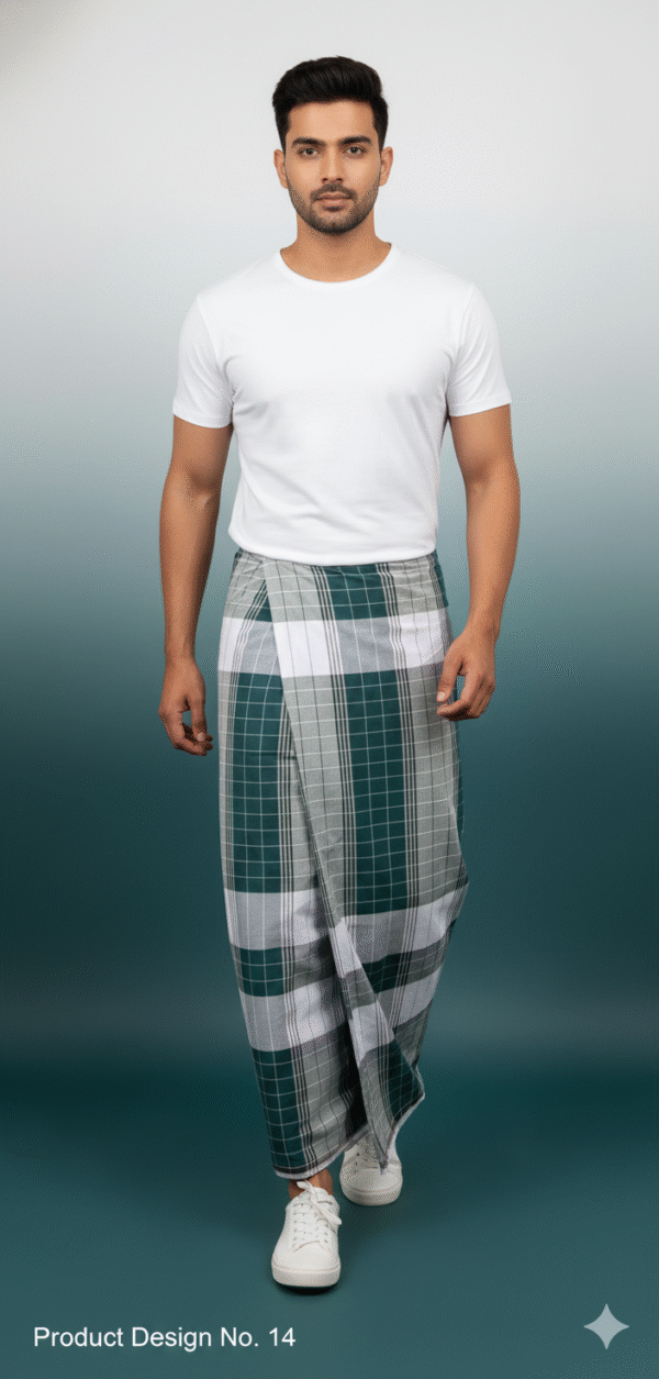 Men's Classic Plaid Lungi - High-Contrast Green, Grey & White Check