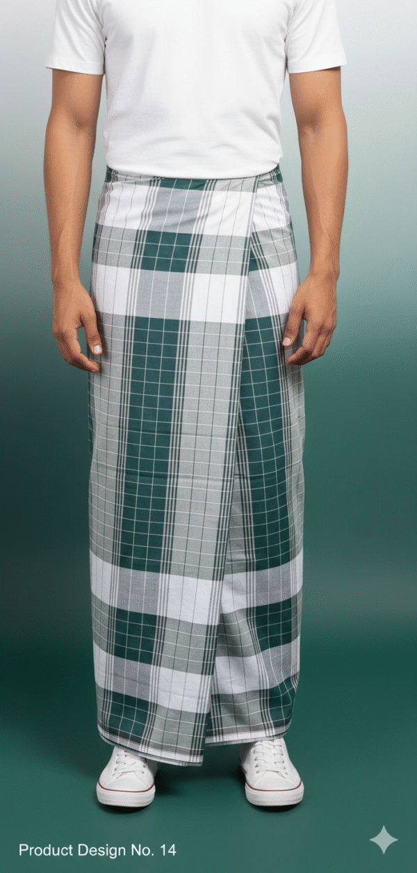 Men's Classic Plaid Lungi - High-Contrast Green, Grey & White Check