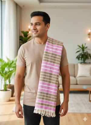 Premium Pink & Brown Checkered Cotton Gamcha | Soft Traditional Towel with Tassels