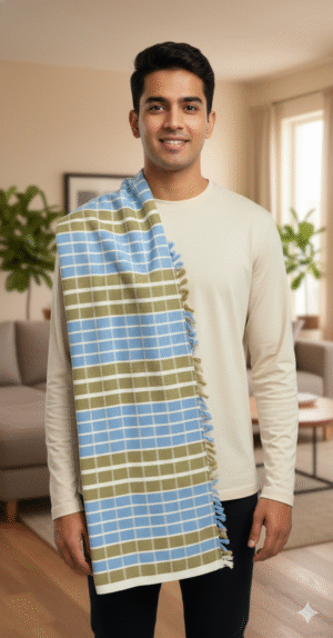 Earthy Blue & Olive Green Checkered Cotton Angvastra | Soft Traditional Gamcha