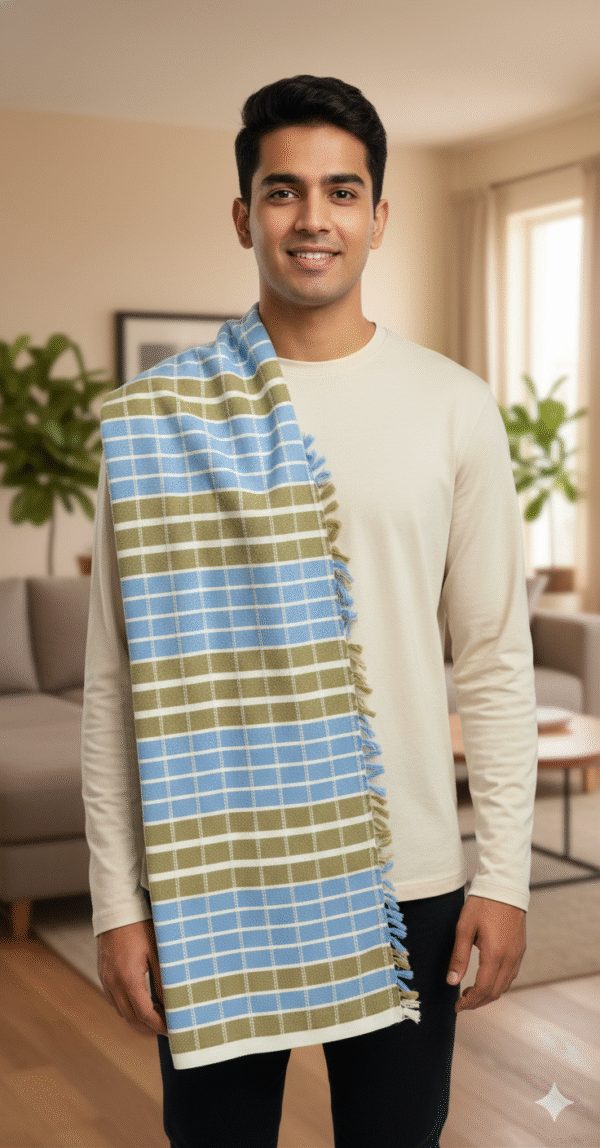 Earthy Blue & Olive Green Checkered Cotton Angvastra | Soft Traditional Gamcha