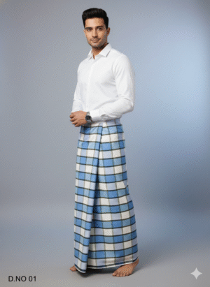 Men's Classic Polyester Lungi - White & Blue Check (2.25 Meters) - D.no. 01